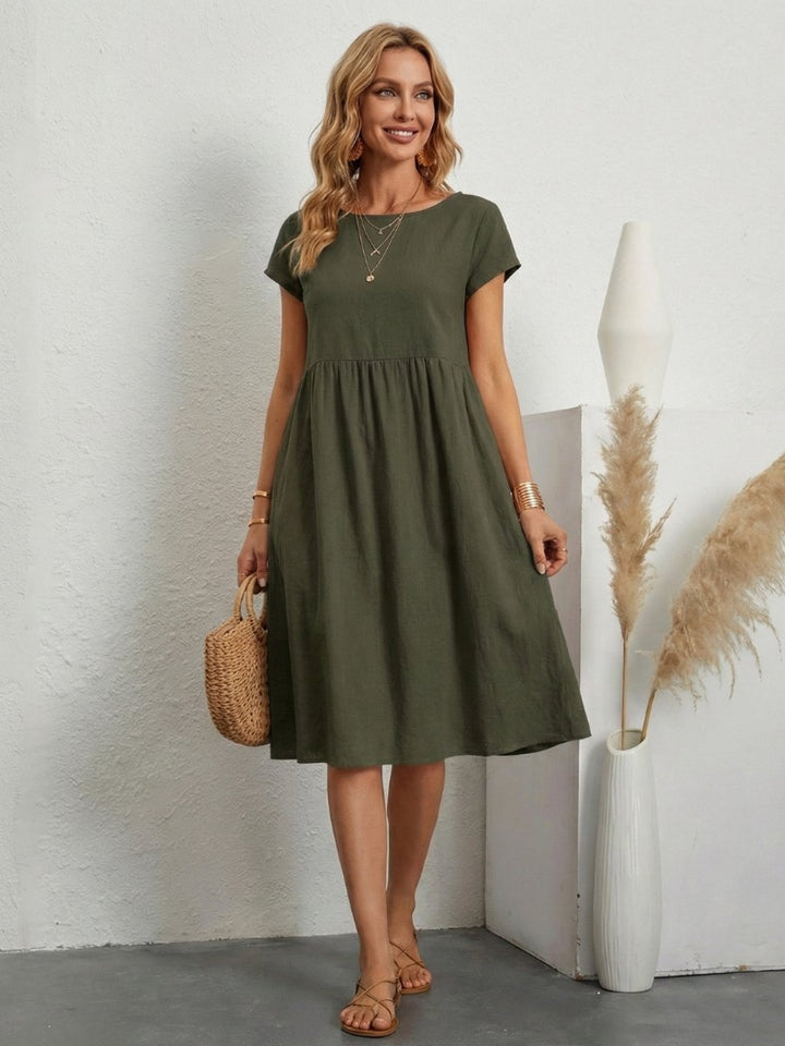 Women's Everyday Day Dress Short Sleeve Gathered Waist Knee Length