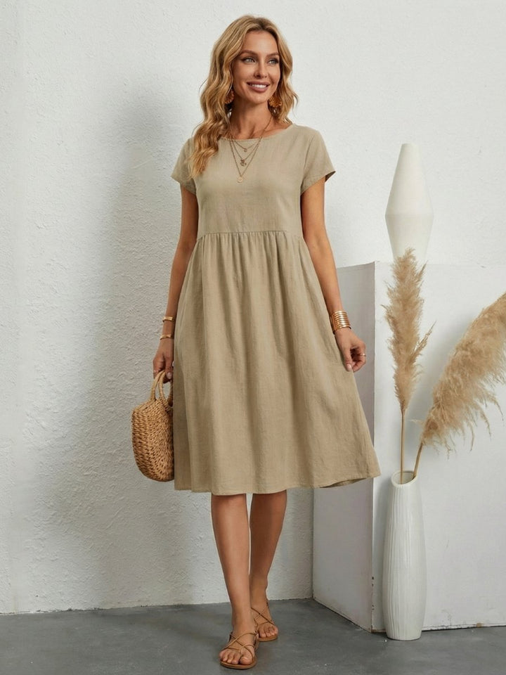 Women's Everyday Day Dress Short Sleeve Gathered Waist Knee Length