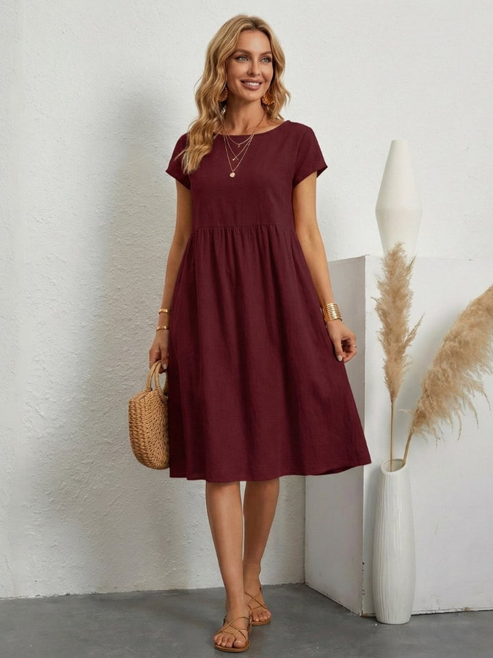 Women's Everyday Day Dress Short Sleeve Gathered Waist Knee Length