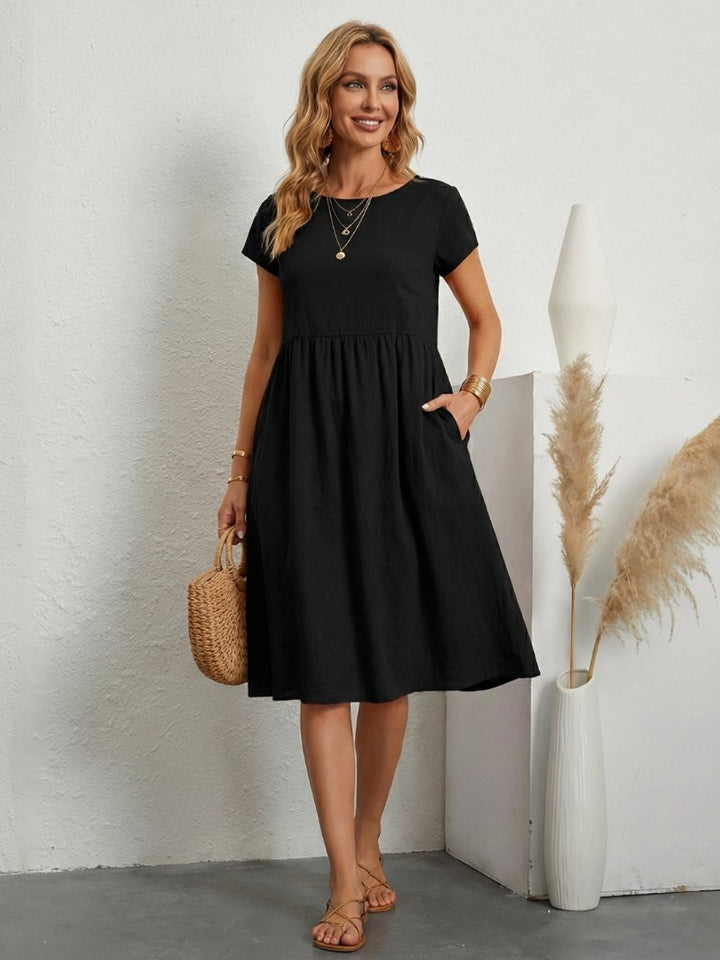 Women's Everyday Day Dress Short Sleeve Gathered Waist Knee Length