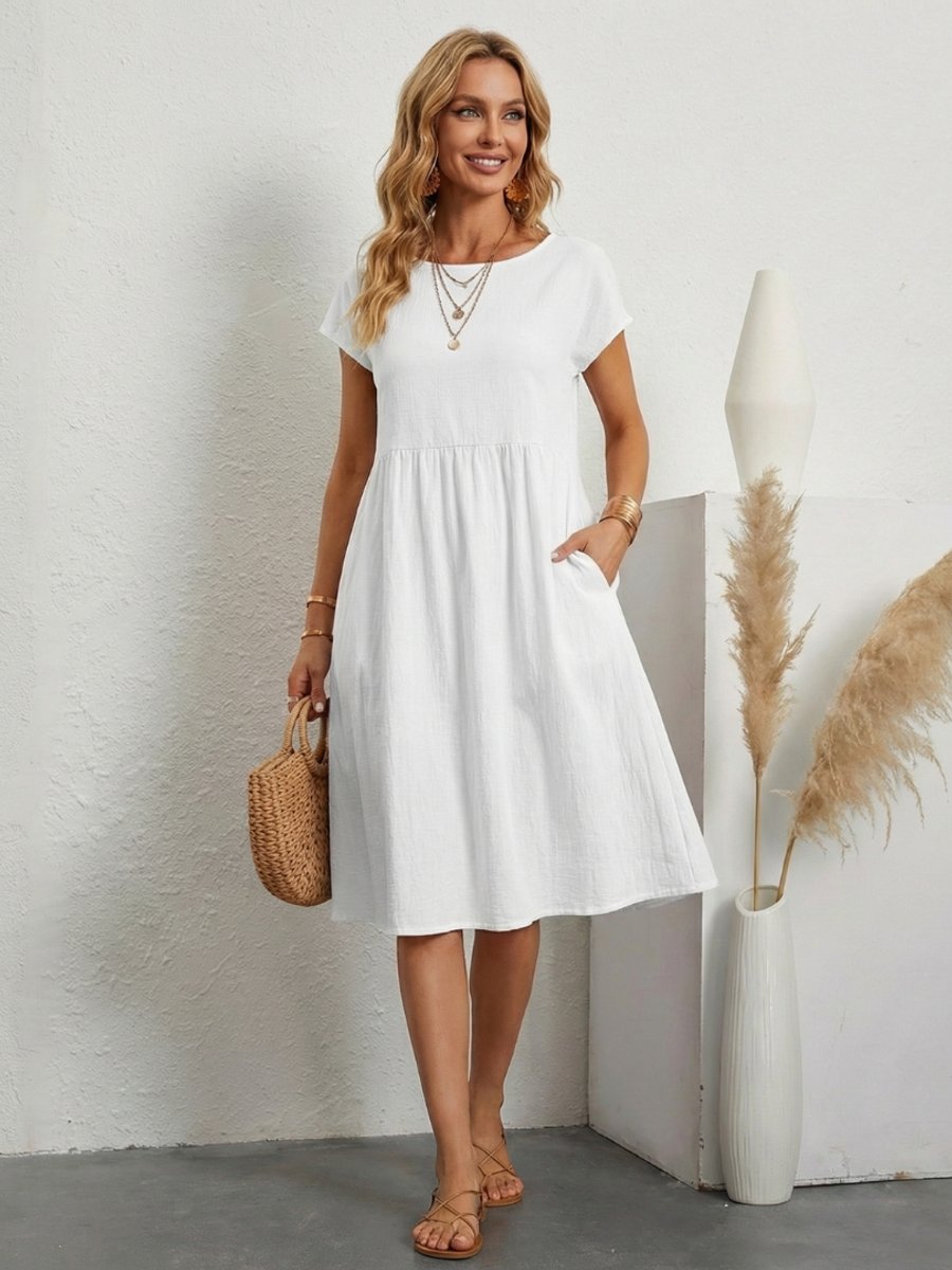 Women's Everyday Day Dress Short Sleeve Gathered Waist Knee Length
