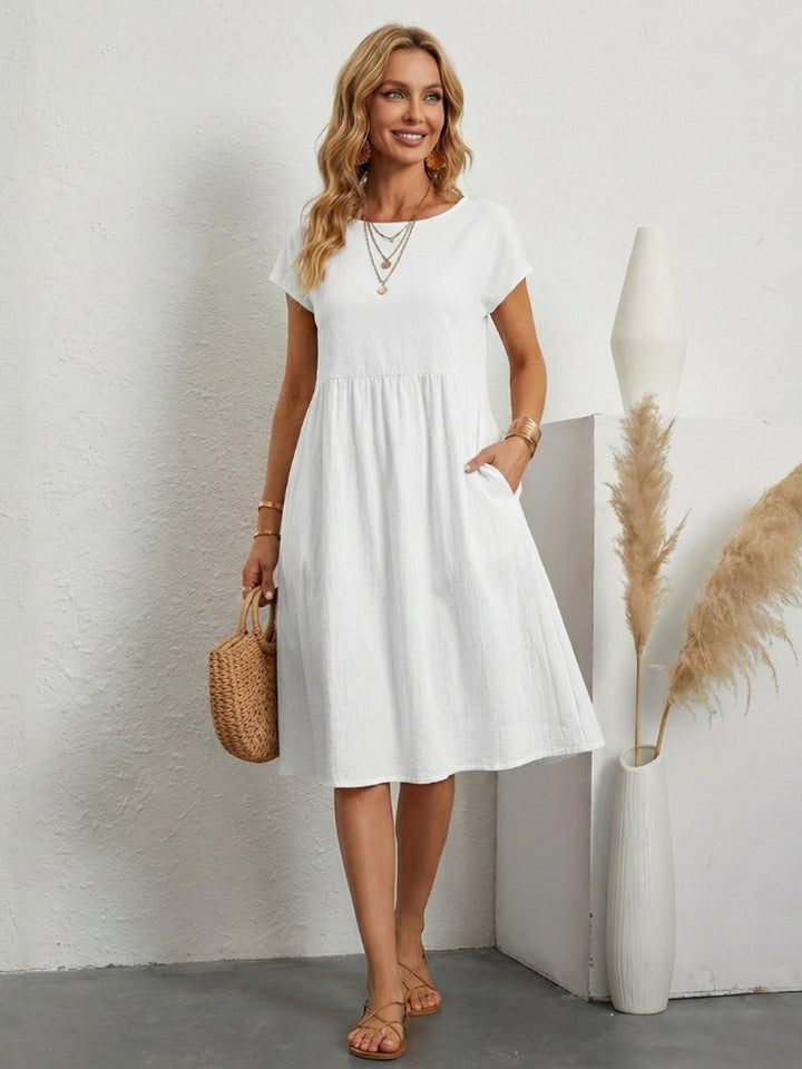 Women's Everyday Day Dress Short Sleeve Gathered Waist Knee Length