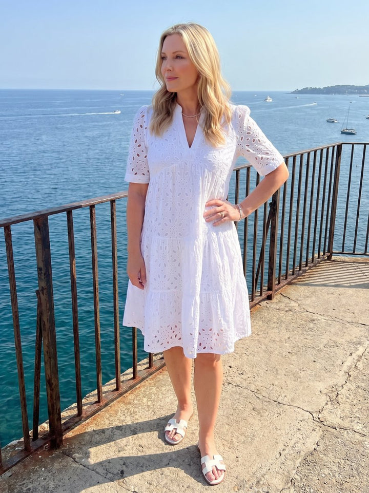 Women's Everyday Day Dress Short Sleeve Tiered Eyelet Knee Length