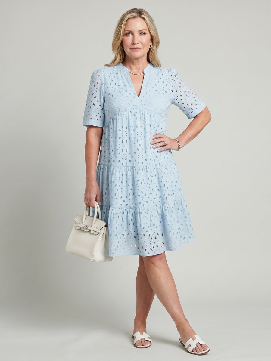 Women's Everyday Day Dress Short Sleeve Tiered Eyelet Knee Length