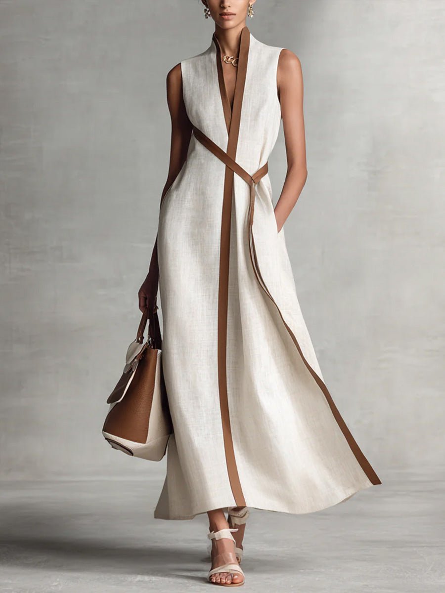 Women's Everyday Day Dress Sleeveless A-Line Contrast Trim Midi