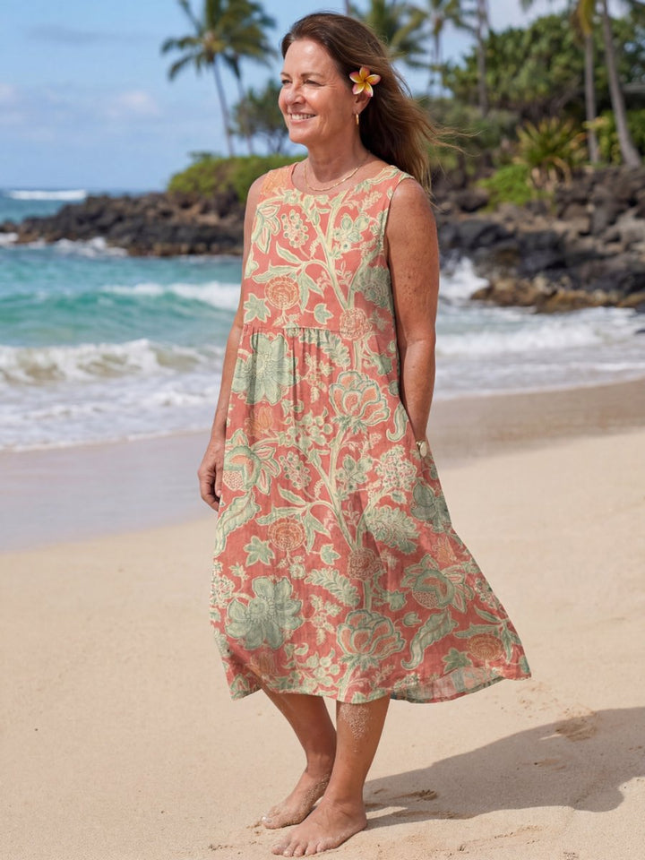Women's Everyday Day Dress Sleeveless Botanical Midi Swing Dress