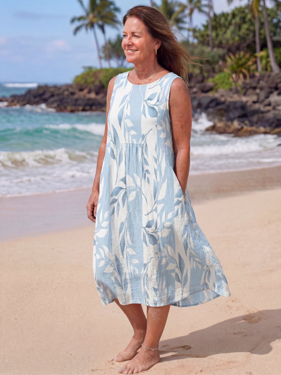 Women's Everyday Day Dress Sleeveless Botanical Midi Swing Dress