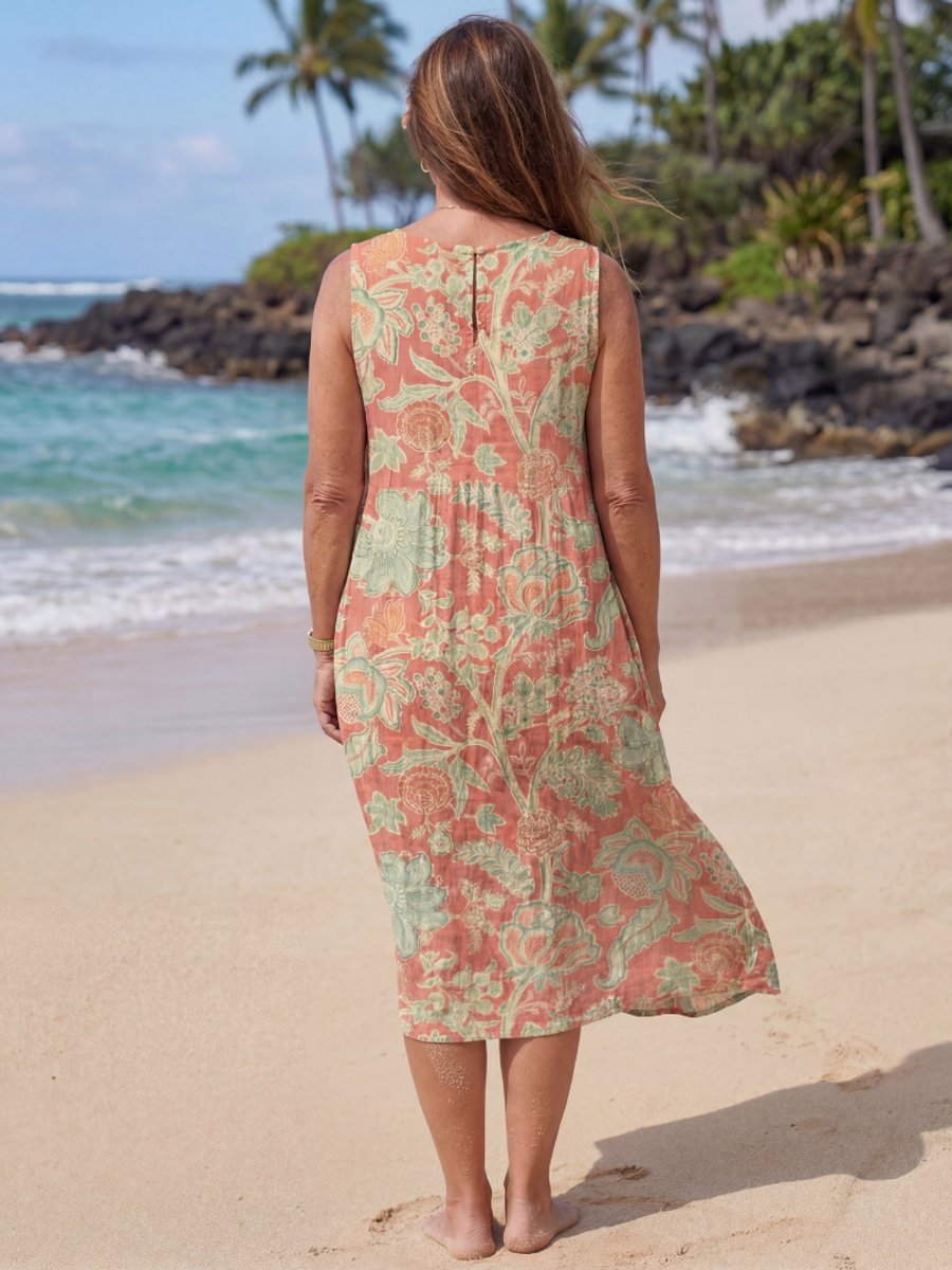 Women's Everyday Day Dress Sleeveless Botanical Midi Swing Dress