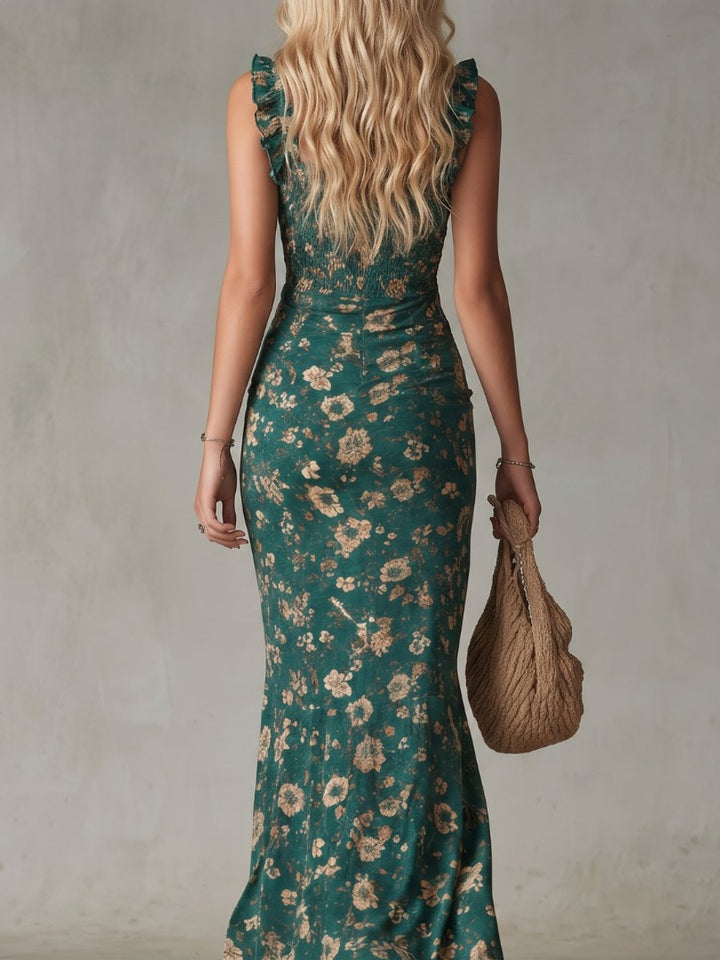 Women's Everyday Day Dress Smocked Bodice Ruffle Strap High Slit Midi