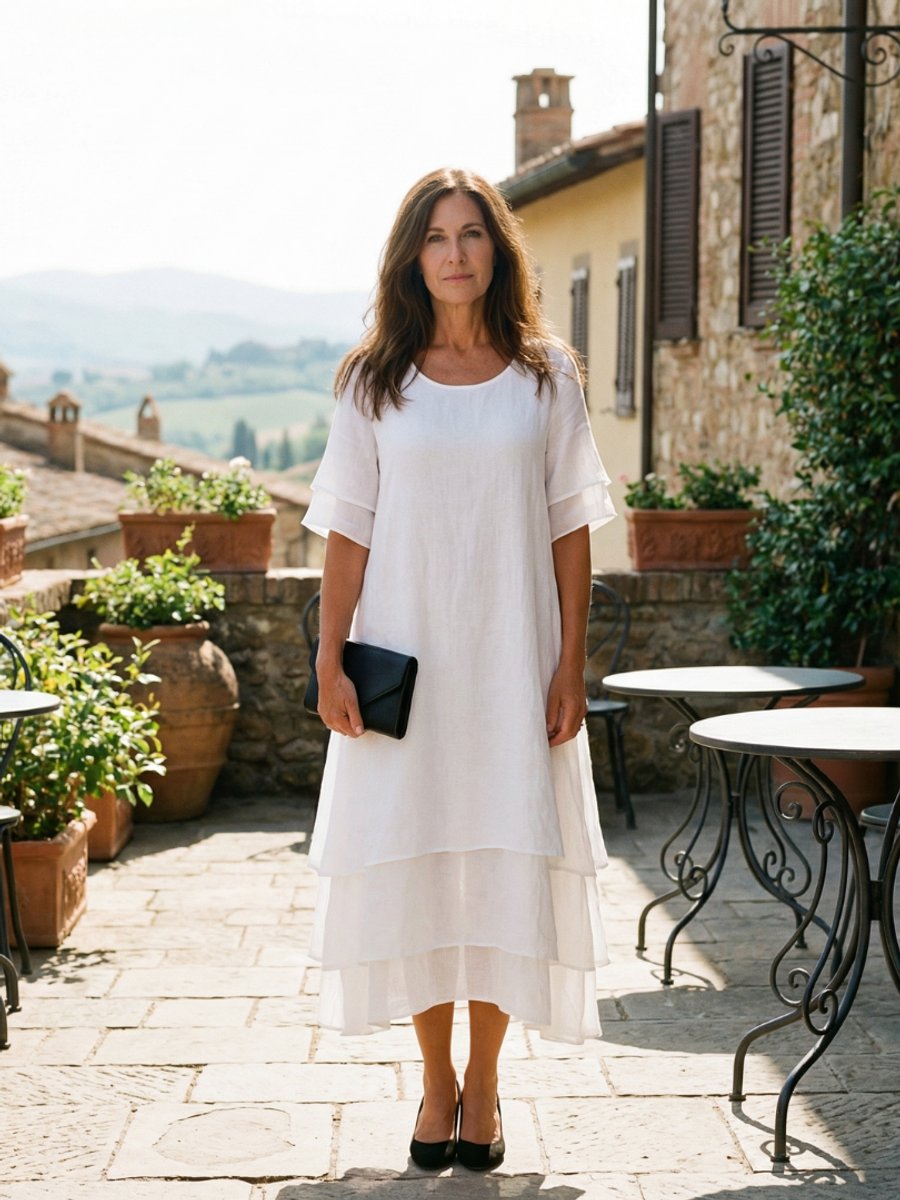 Women's Everyday Day Dress Soft Layered Midi Linen Shift Dress
