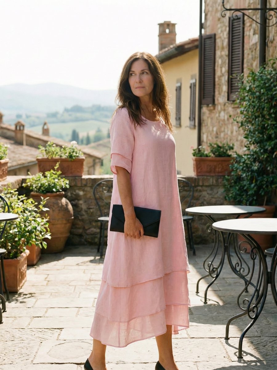 Women's Everyday Day Dress Soft Layered Midi Linen Shift Dress