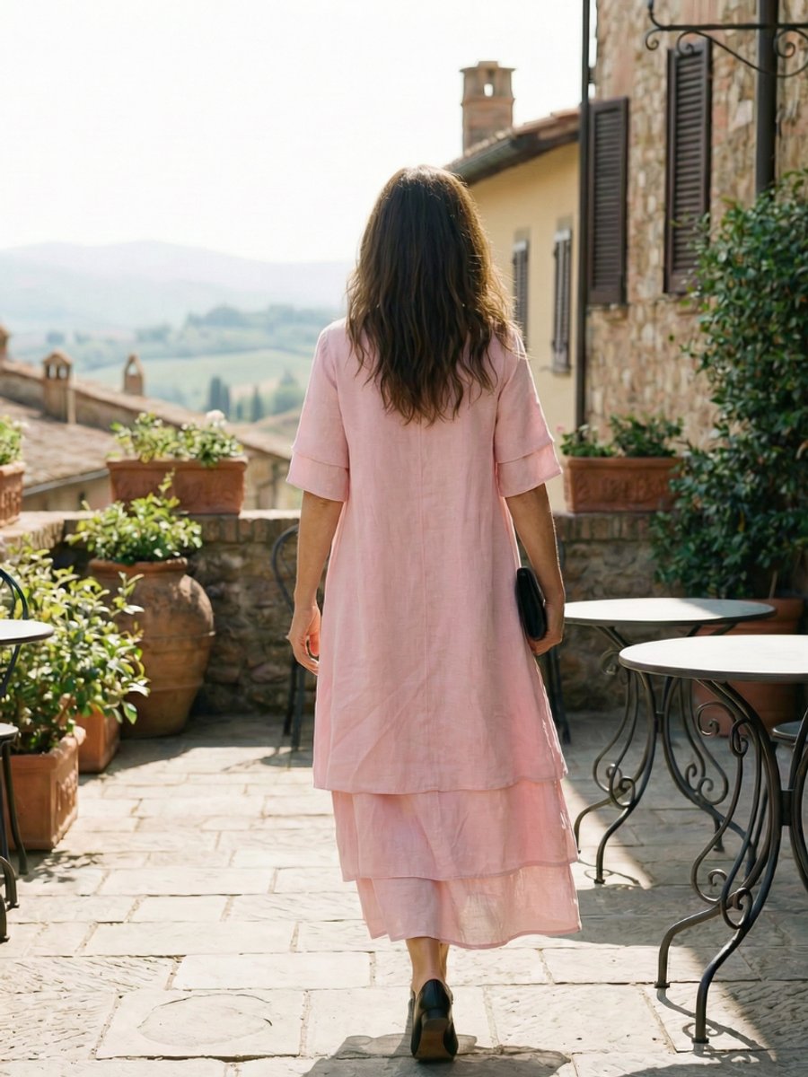 Women's Everyday Day Dress Soft Layered Midi Linen Shift Dress
