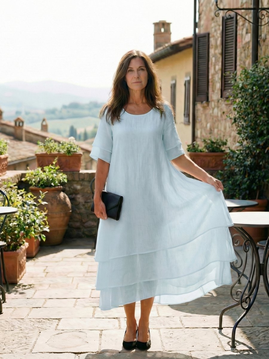 Women's Everyday Day Dress Soft Layered Midi Linen Shift Dress