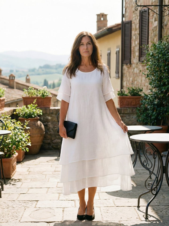 Women's Everyday Day Dress Soft Layered Midi Linen Shift Dress