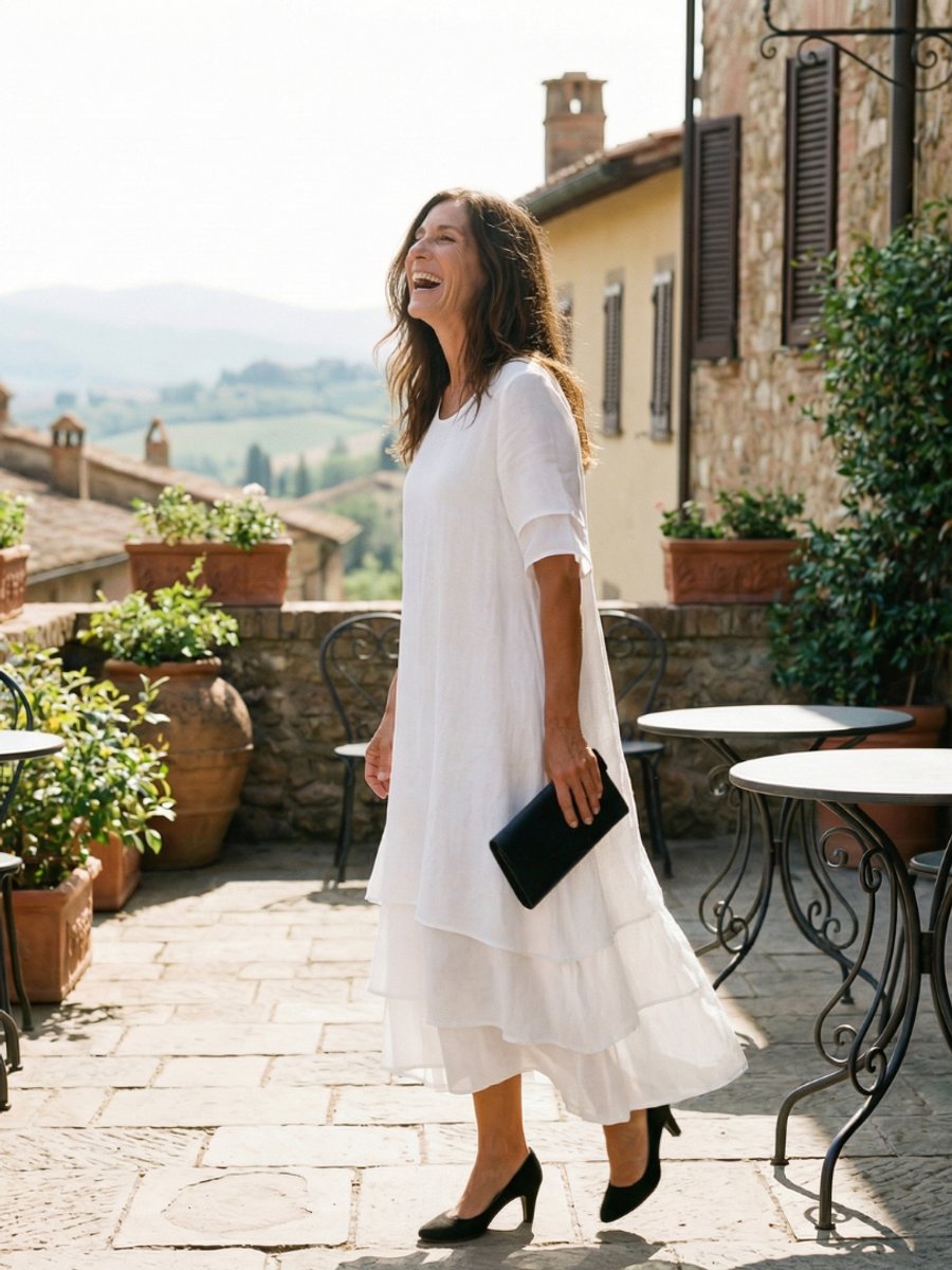 Women's Everyday Day Dress Soft Layered Midi Linen Shift Dress
