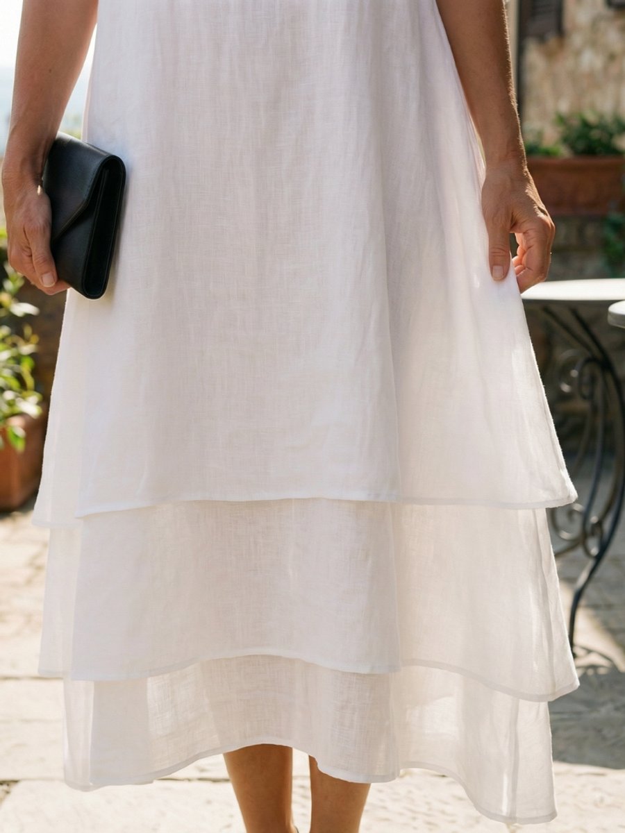 Women's Everyday Day Dress Soft Layered Midi Linen Shift Dress