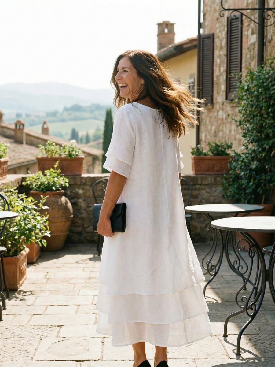 Women's Everyday Day Dress Soft Layered Midi Linen Shift Dress