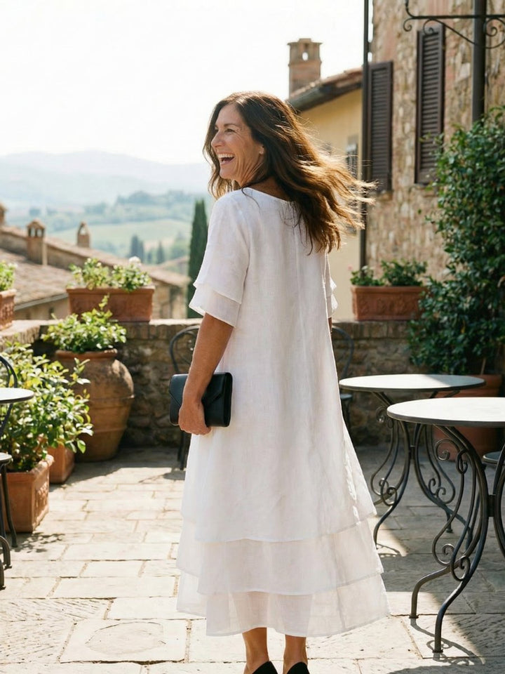 Women's Everyday Day Dress Soft Layered Midi Linen Shift Dress