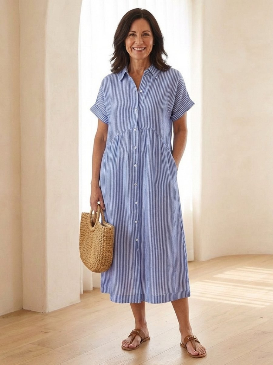 Women's Everyday Day Dress Striped Button-Front Relaxed Midi