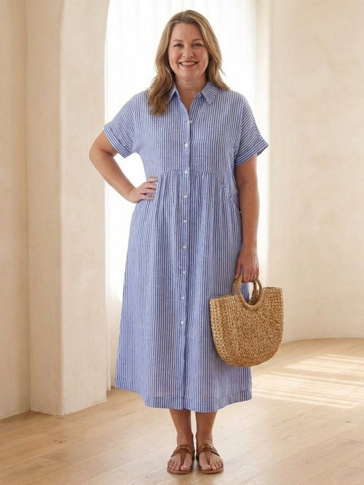 Women's Everyday Day Dress Striped Button-Front Relaxed Midi