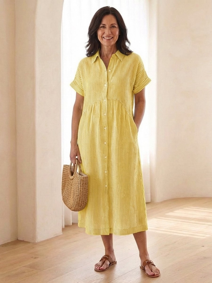 Women's Everyday Day Dress Striped Button-Front Relaxed Midi