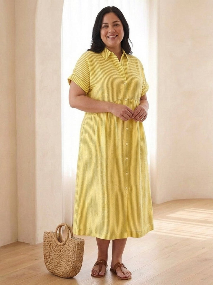 Women's Everyday Day Dress Striped Button-Front Relaxed Midi