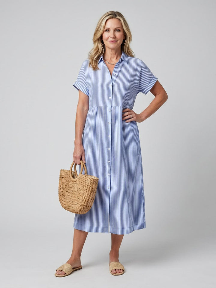 Women's Everyday Day Dress Striped Relaxed-Fit Button-Front Midi Shirtdress