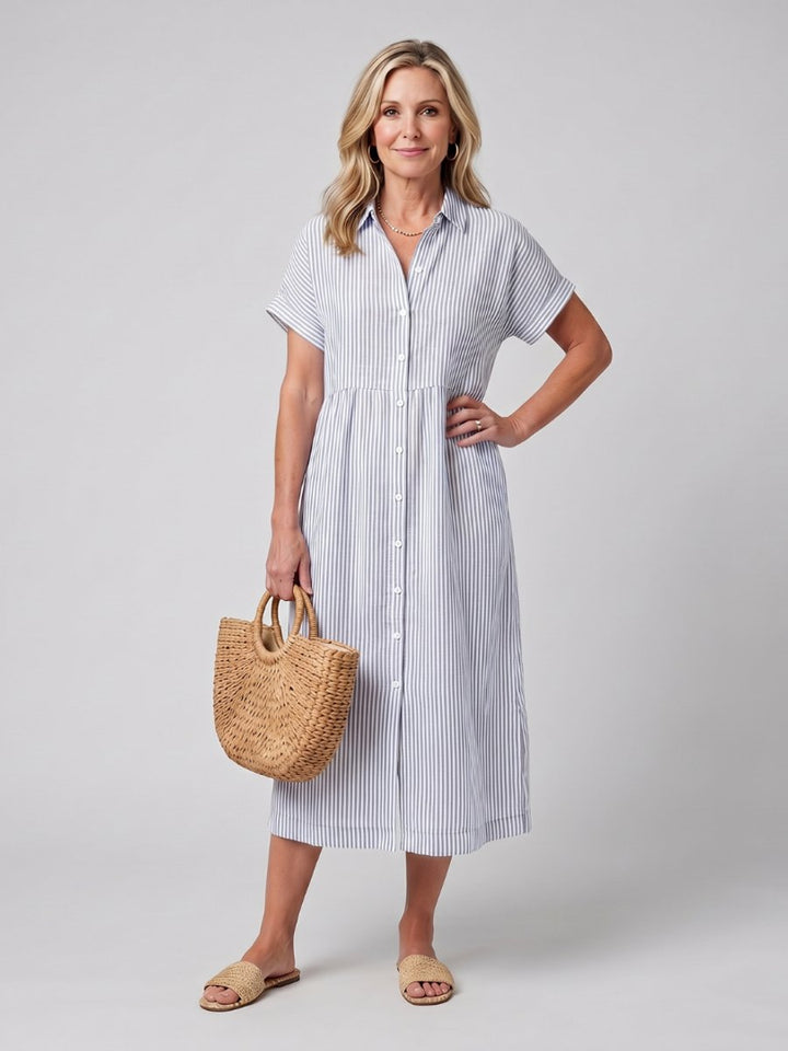 Women's Everyday Day Dress Striped Relaxed-Fit Button-Front Midi Shirtdress