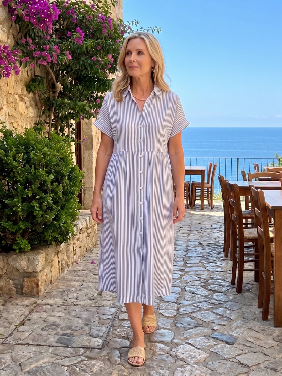 Women's Everyday Day Dress Striped Relaxed-Fit Button-Front Midi Shirtdress