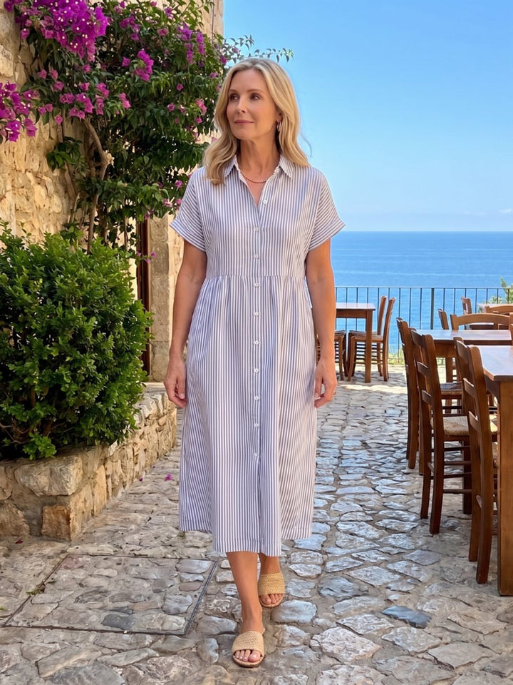 Women's Everyday Day Dress Striped Relaxed-Fit Button-Front Midi Shirtdress