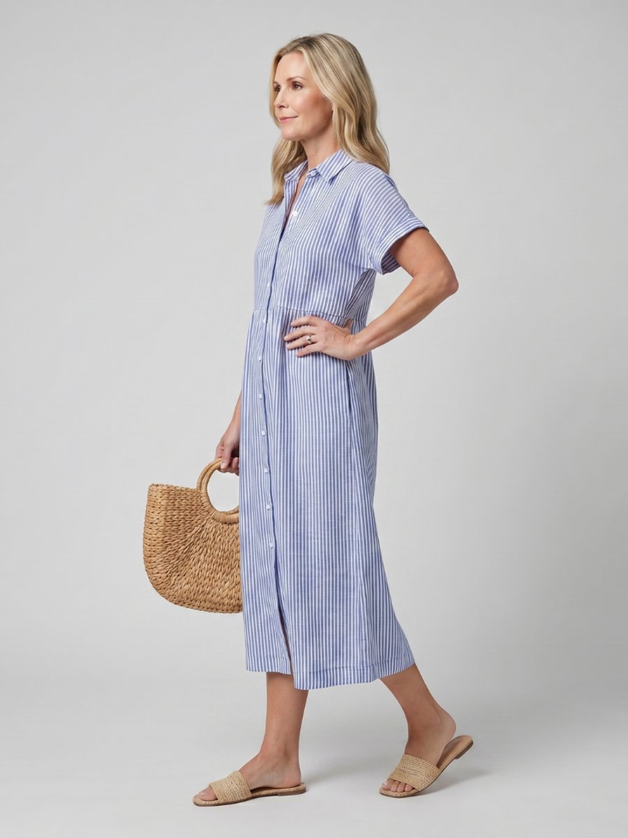Women's Everyday Day Dress Striped Relaxed-Fit Button-Front Midi Shirtdress