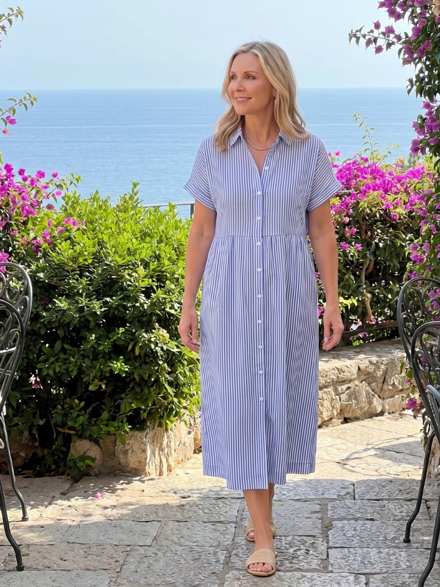 Women's Everyday Day Dress Striped Relaxed-Fit Button-Front Midi Shirtdress