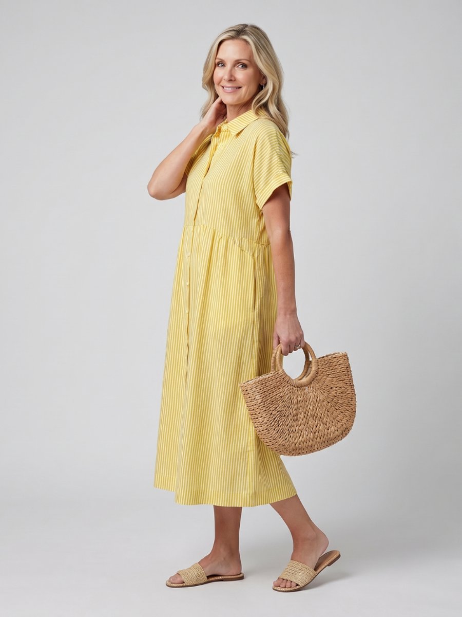 Women's Everyday Day Dress Striped Relaxed-Fit Button-Front Midi Shirtdress
