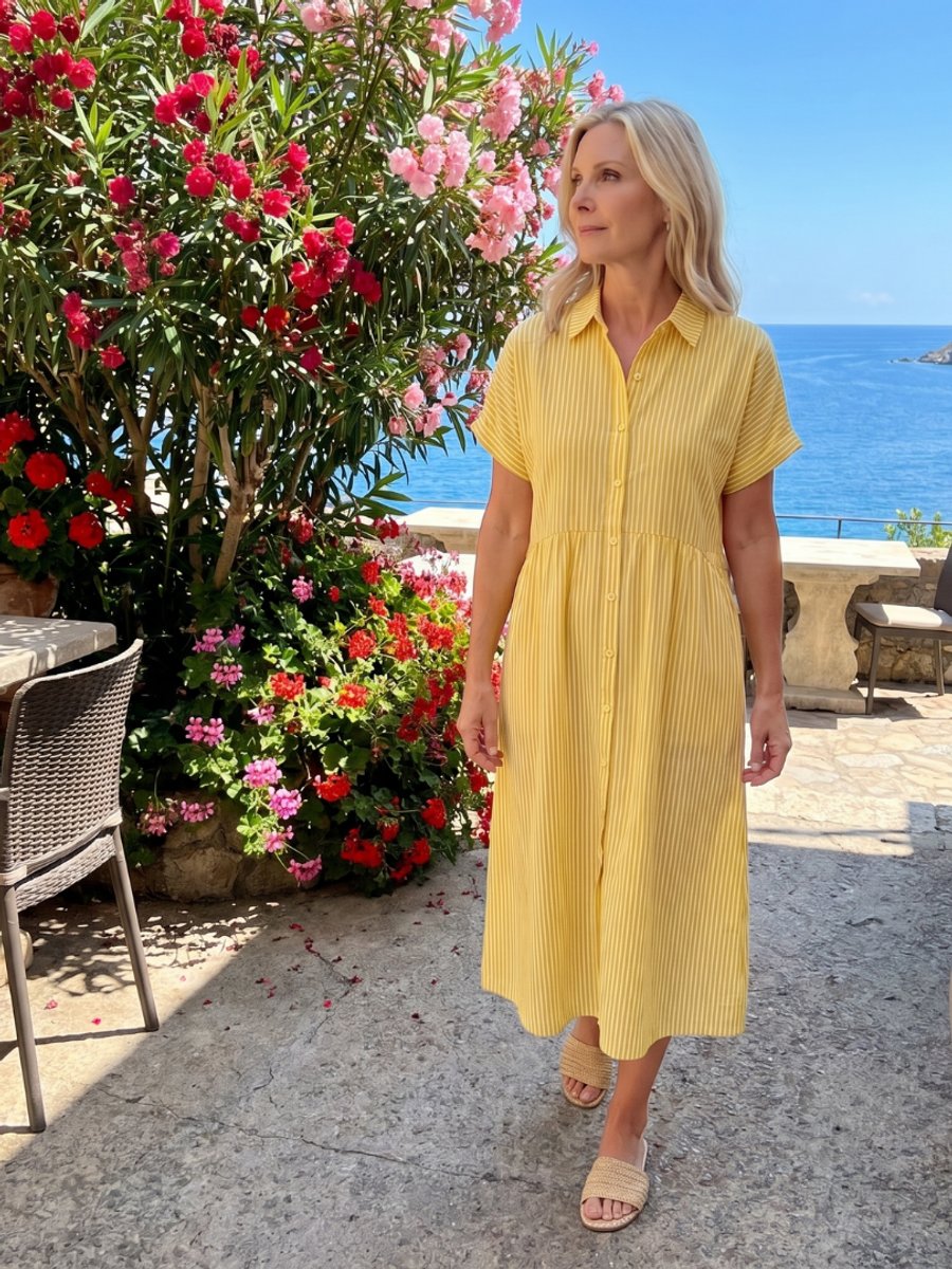 Women's Everyday Day Dress Striped Relaxed-Fit Button-Front Midi Shirtdress