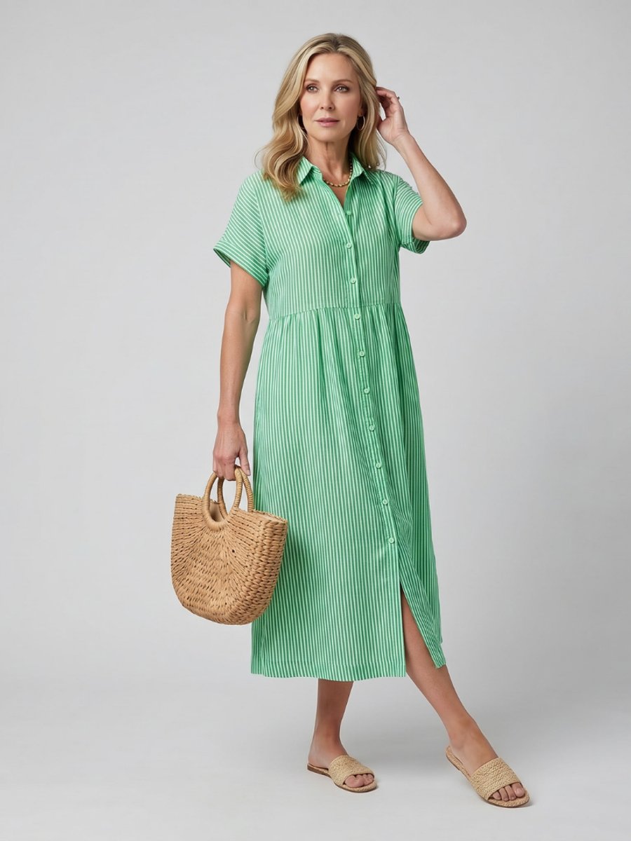 Women's Everyday Day Dress Striped Relaxed-Fit Button-Front Midi Shirtdress