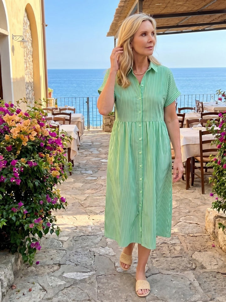Women's Everyday Day Dress Striped Relaxed-Fit Button-Front Midi Shirtdress