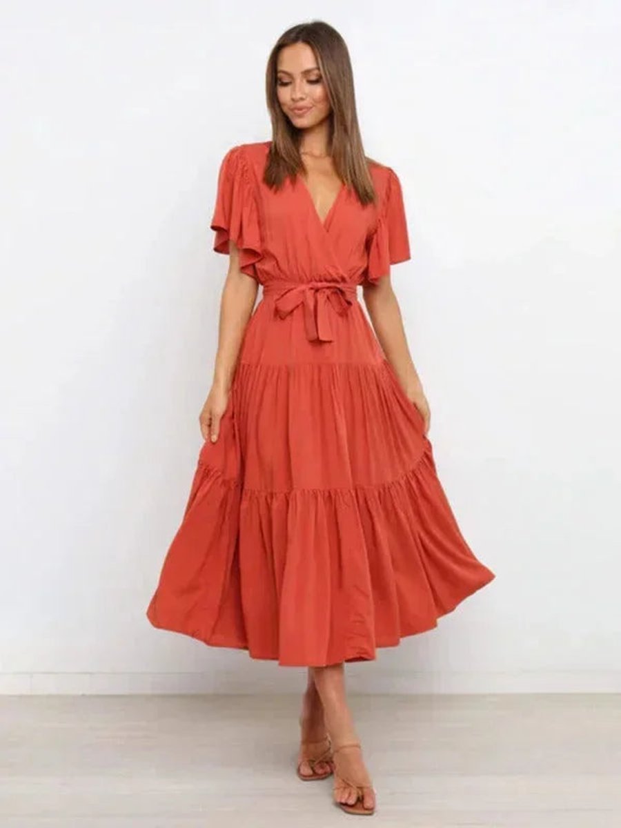 Women's Everyday Day Dress Tiered Ruffle V-Neck Belted Midi