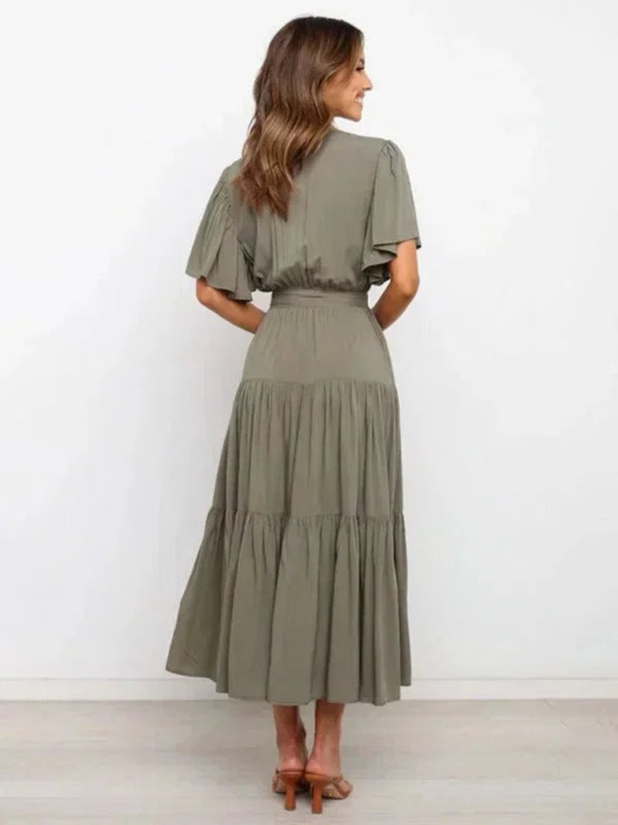 Women's Everyday Day Dress Tiered Ruffle V-Neck Belted Midi