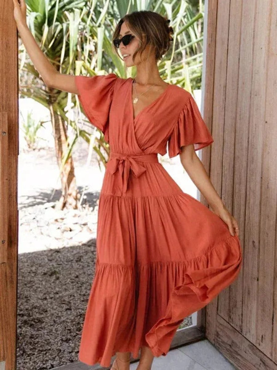 Women's Everyday Day Dress Tiered Ruffle V-Neck Belted Midi