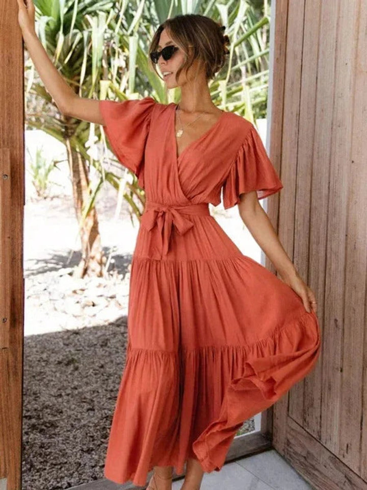 Women's Everyday Day Dress Tiered Ruffle V-Neck Belted Midi
