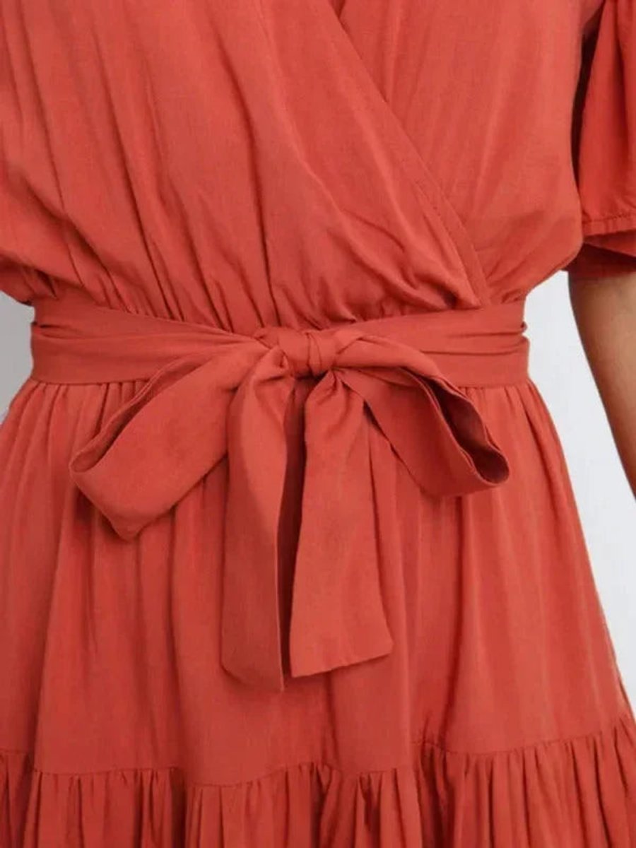 Women's Everyday Day Dress Tiered Ruffle V-Neck Belted Midi