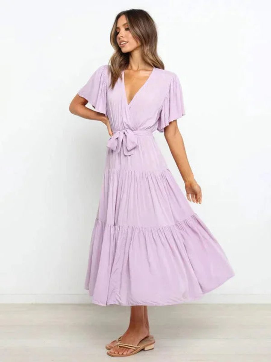 Women's Everyday Day Dress Tiered Ruffle V-Neck Belted Midi