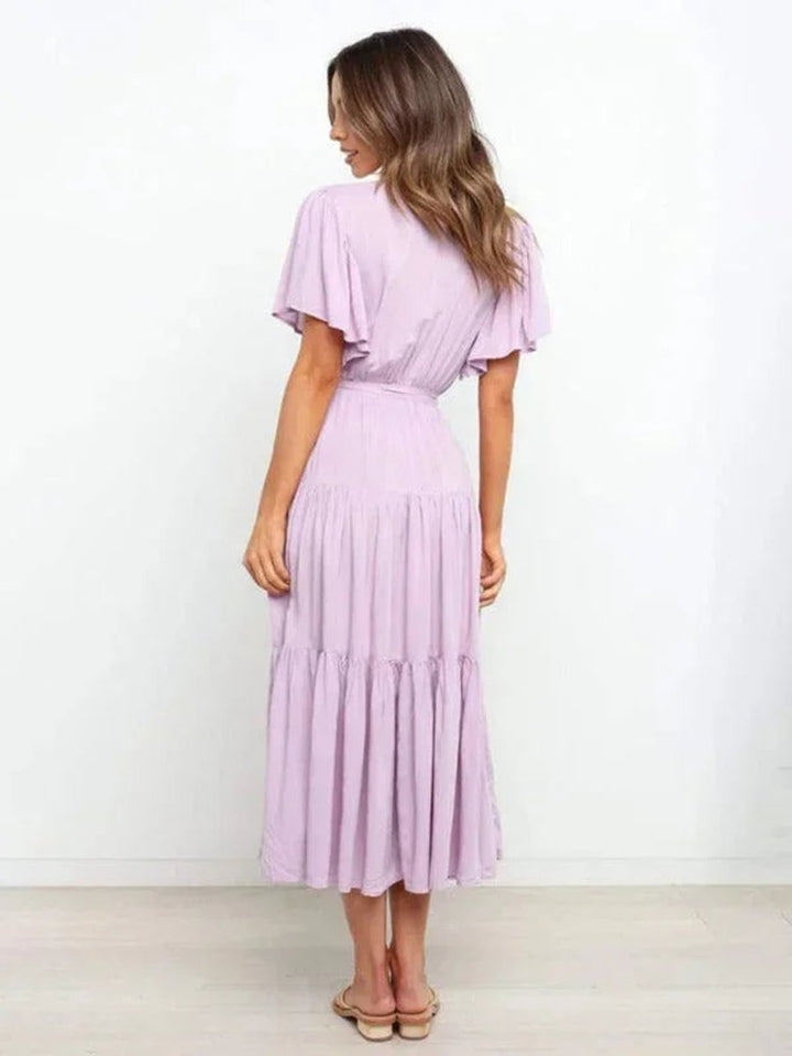 Women's Everyday Day Dress Tiered Ruffle V-Neck Belted Midi