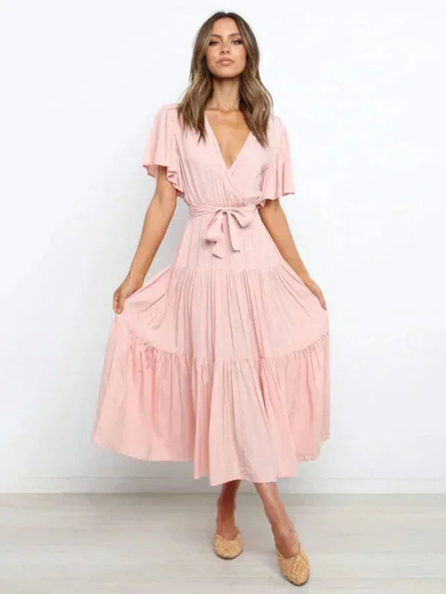 Women's Everyday Day Dress Tiered Ruffle V-Neck Belted Midi