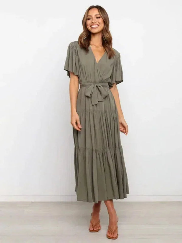 Women's Everyday Day Dress Tiered Ruffle V-Neck Belted Midi
