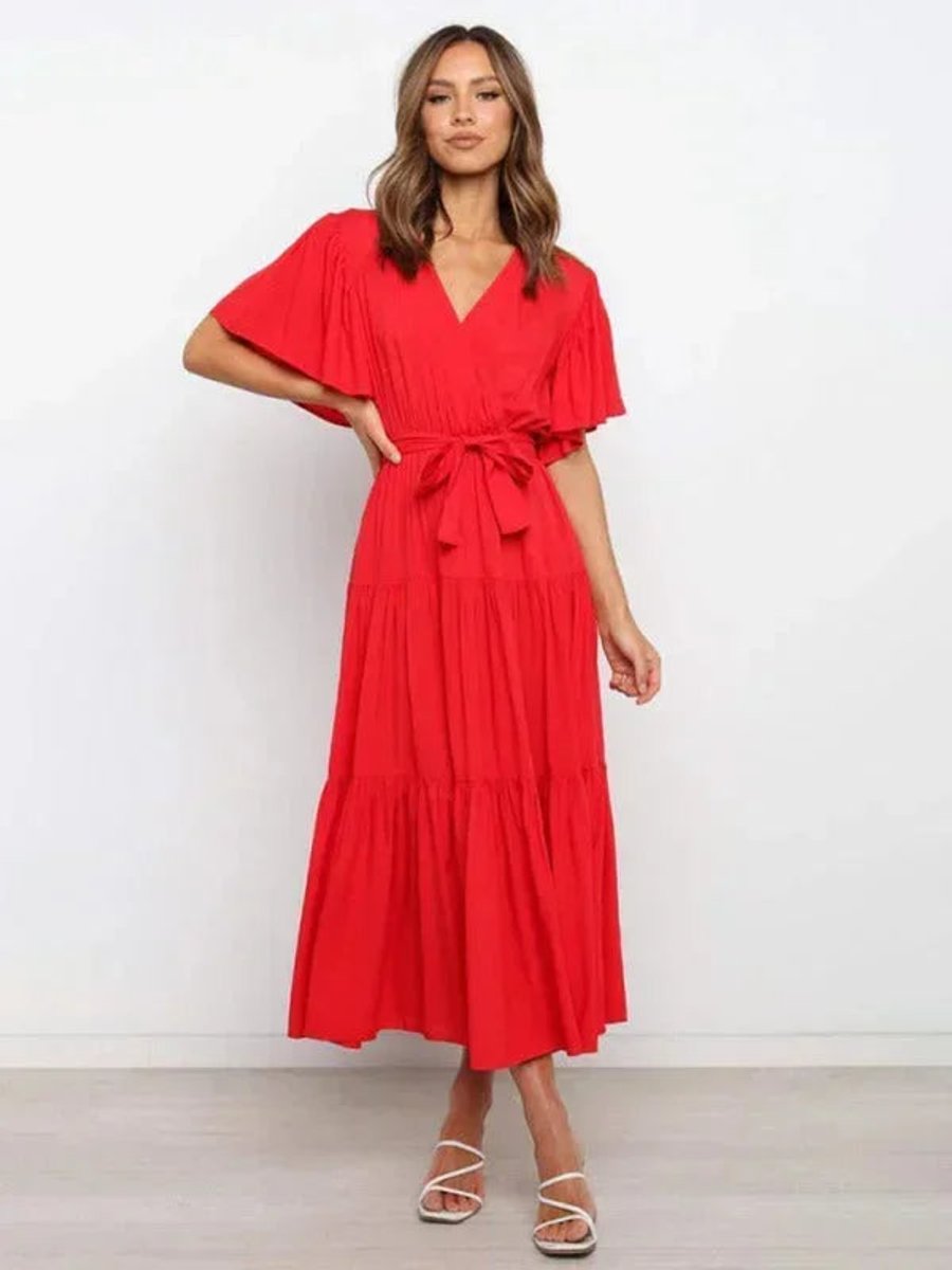 Women's Everyday Day Dress Tiered Ruffle V-Neck Belted Midi