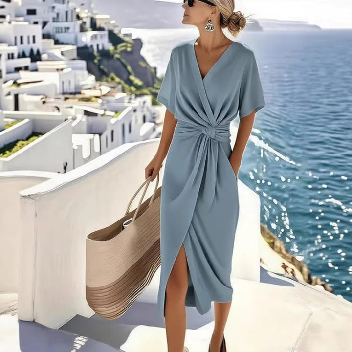 Women's Everyday Day Dress Twisted Knot Wrap V-Neck Midi