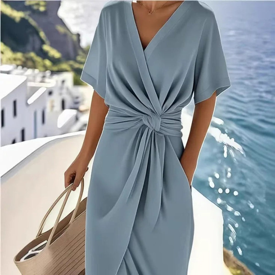 Women's Everyday Day Dress Twisted Knot Wrap V-Neck Midi