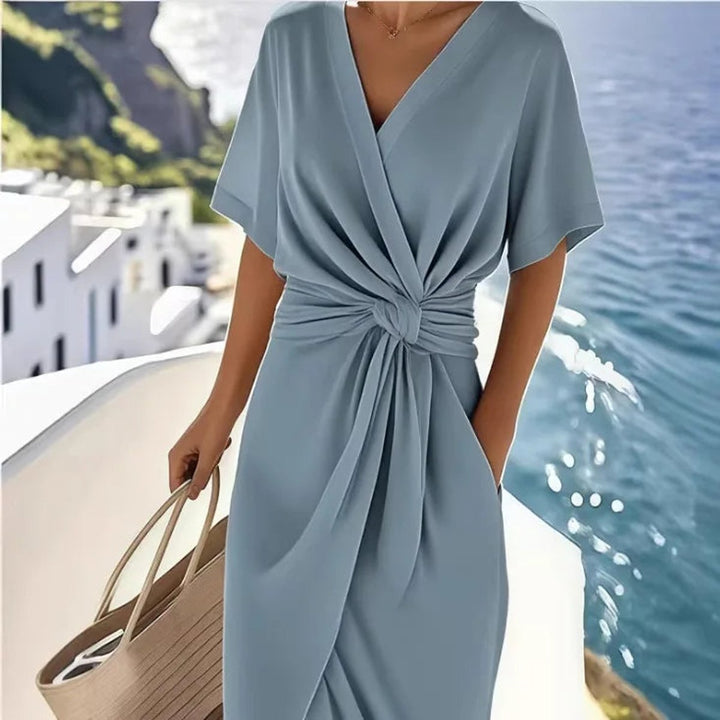 Women's Everyday Day Dress Twisted Knot Wrap V-Neck Midi