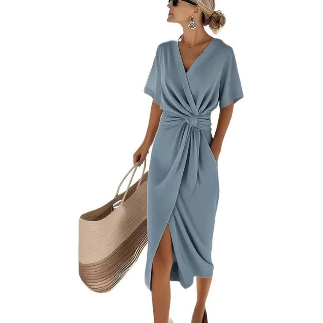 Women's Everyday Day Dress Twisted Knot Wrap V-Neck Midi
